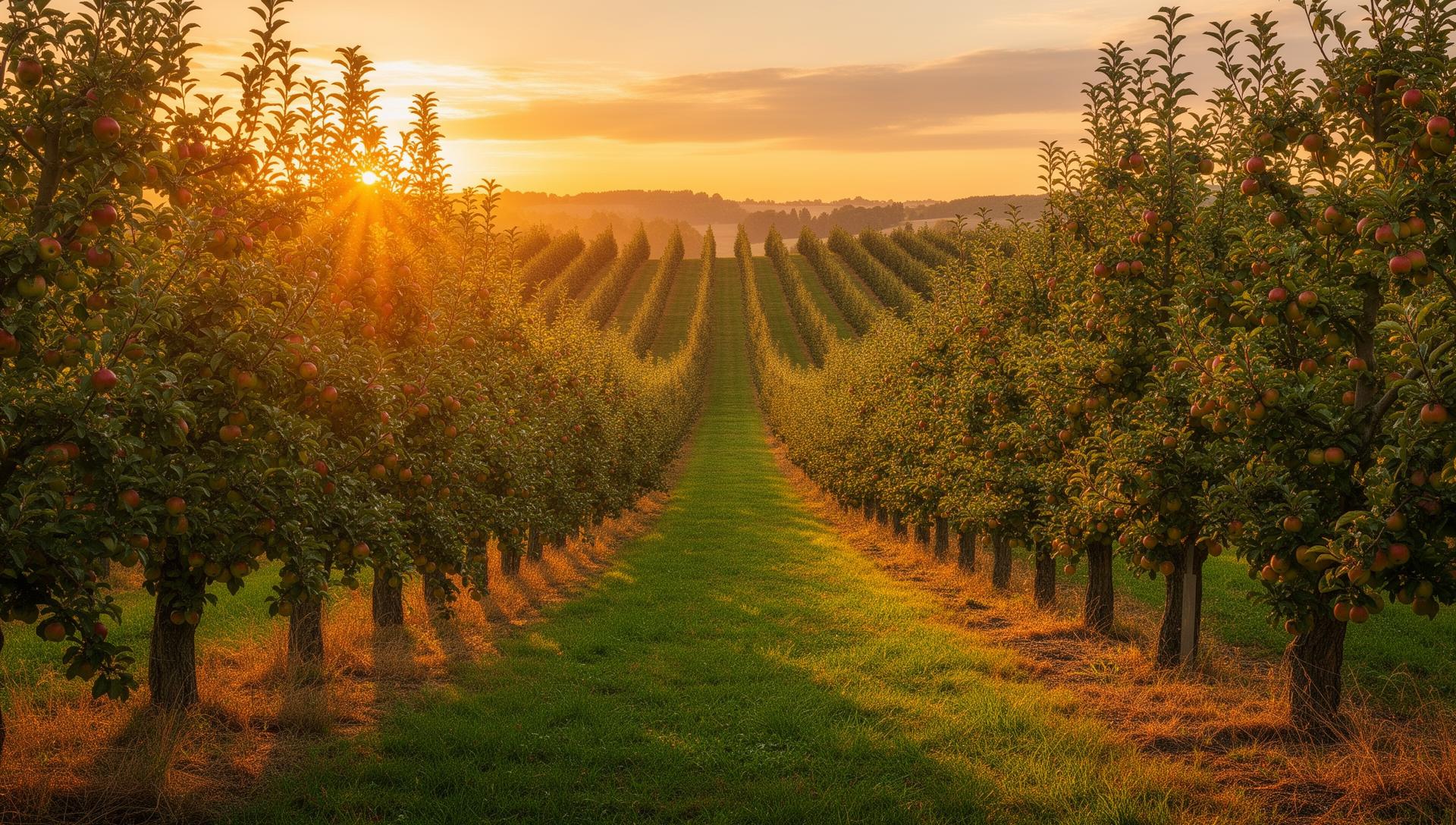 Orchard landscape at golden hour